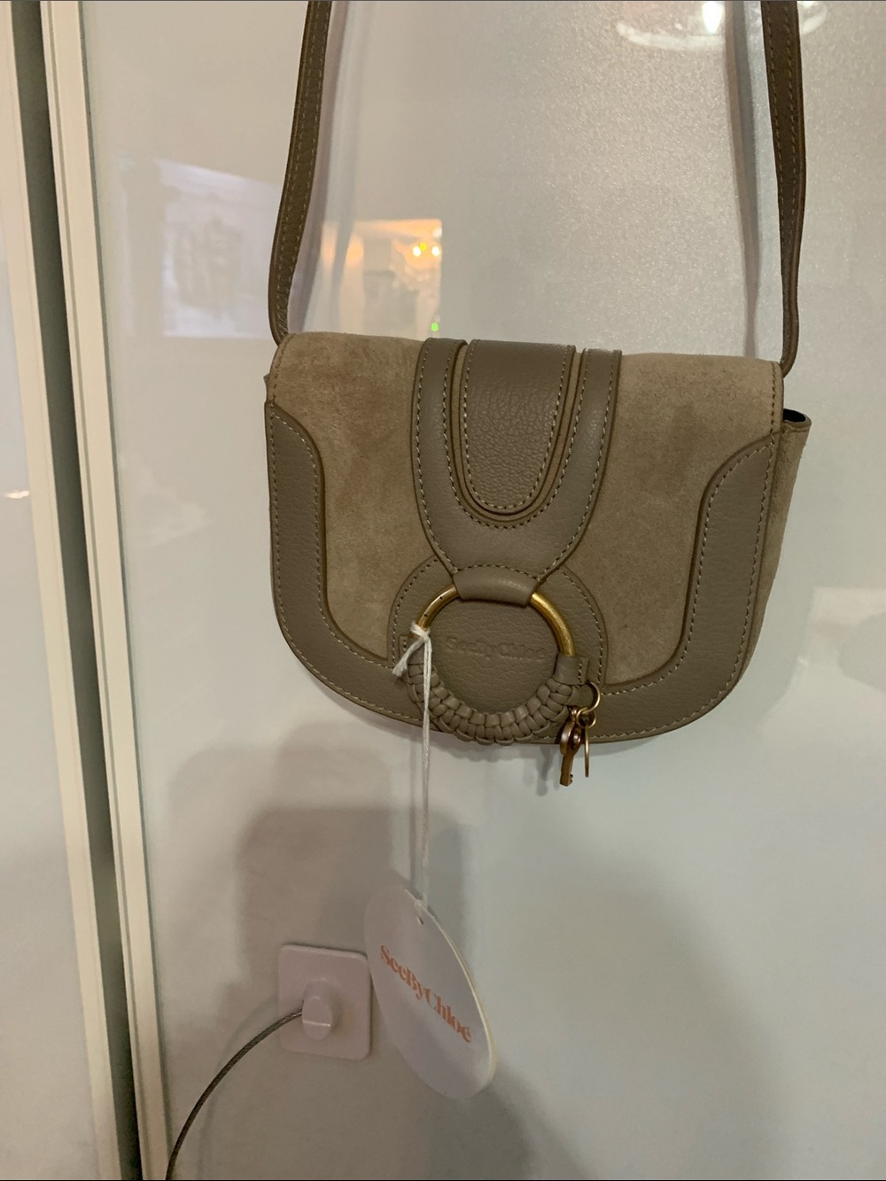 Taupe Crossbody Saddle Bag with Gold Ring Accent - Picture 7 of 12